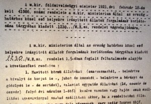 A földművelésügyi miniszter 1921-es utasítása az állatok forgalmával kapcsolatban