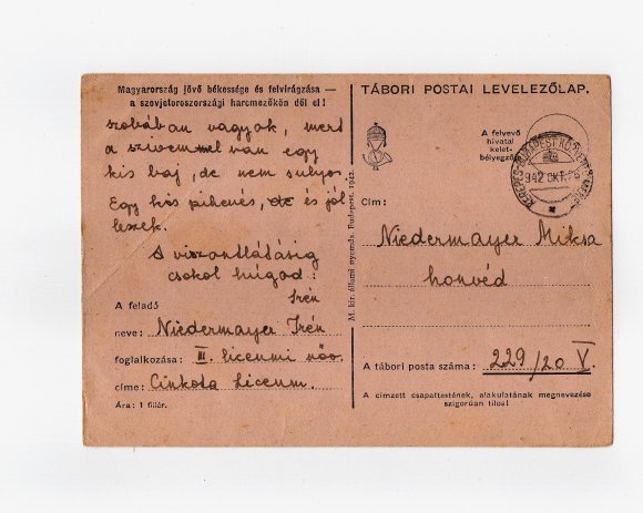 Niedermayer Irén testvérének levelezőlapot írt az orosz frontra. 1942. okt. 24.